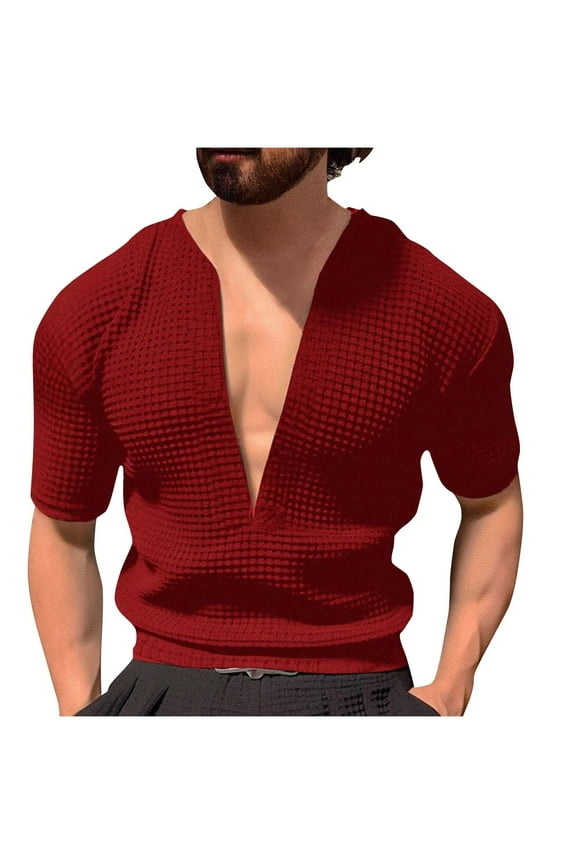 Mens Deep V Neck T Shirts, Waffle Tops for Men Summer Outdoor Casual Vintage Solid Color Short Sleeve Shirts S-2XL