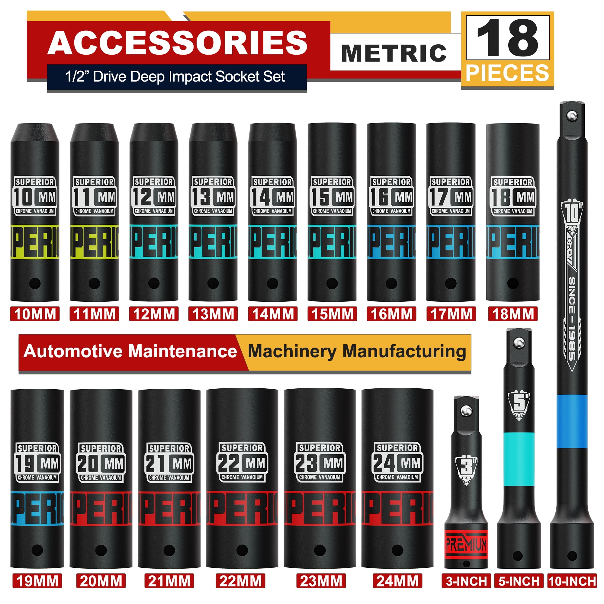 1/2 Inch Drive Impact Socket Set Metric 18pcs