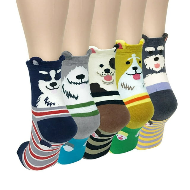 SMihono Bas de Compression pour Femmes, un Ensemble de Cinq Paires de Bas Décontractés avec des Imprimés d'Animaux Vibrants Mettant en Vedette des Chats et des Chiens. Chaque Paire Comprend des Motifs Colorés comme des Rayures et des Motifs Unis, avec des Visages d'Animaux Détaillés. Fabriquées en Coton, Ces Bas Sont Confortables et Conviennent aux Tailles pour Femmes 33-39. Idéales pour une Tenue Décontractée en Toutes Saisons, Ces Bas Décontractés pour Femmes Sont Parfaits pour Ajouter une Touche Ludique aux Tenues de Tous les Jours.