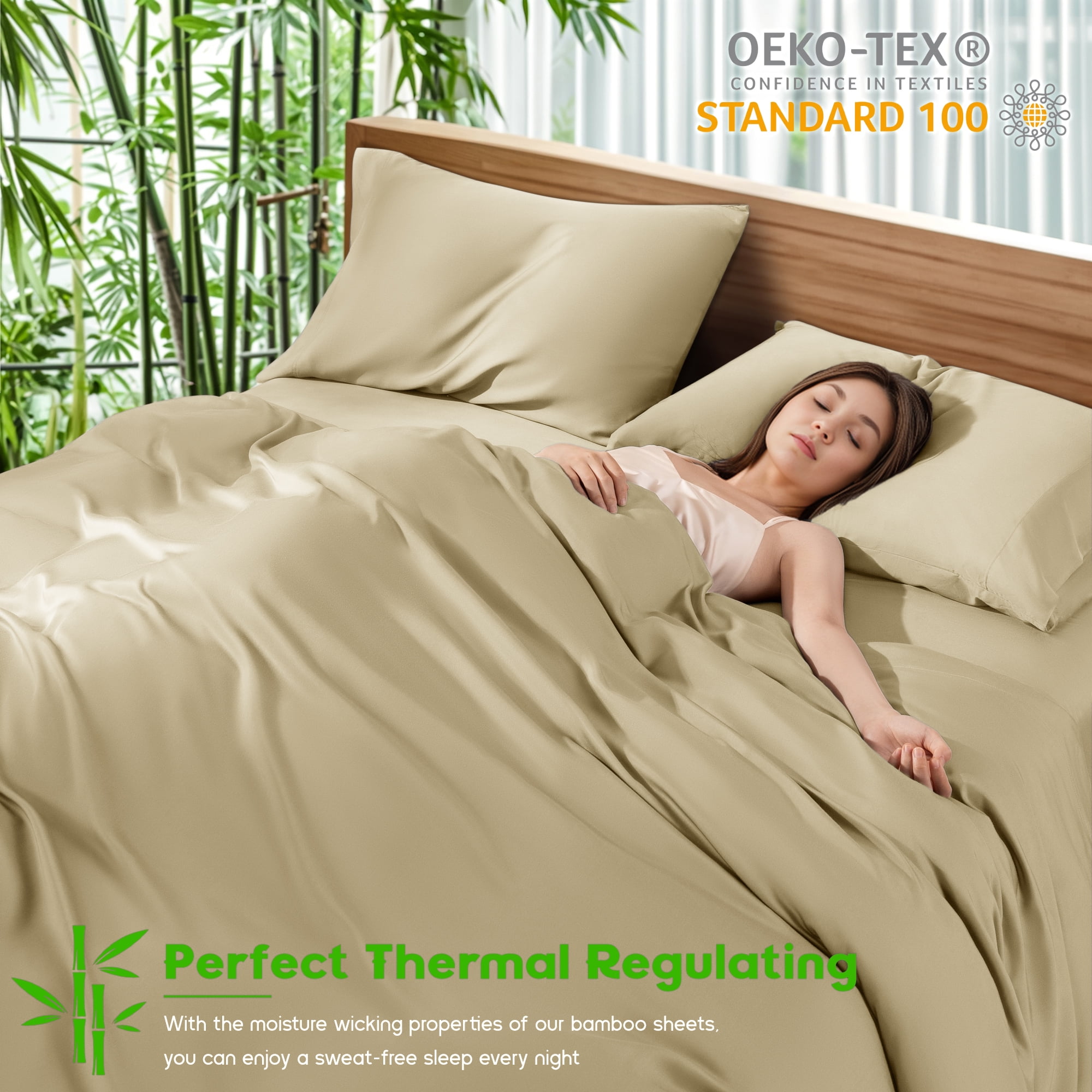 Sonoro Kate Luxury Cooling Bamboo Bed Sheet Set - Deep Pockets - 3 Piece, Twin XL, Beige