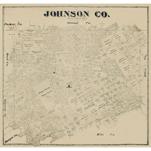 Historic County Map- Johnson County Texas - General Land Office 1887 - Vintage Wall Art