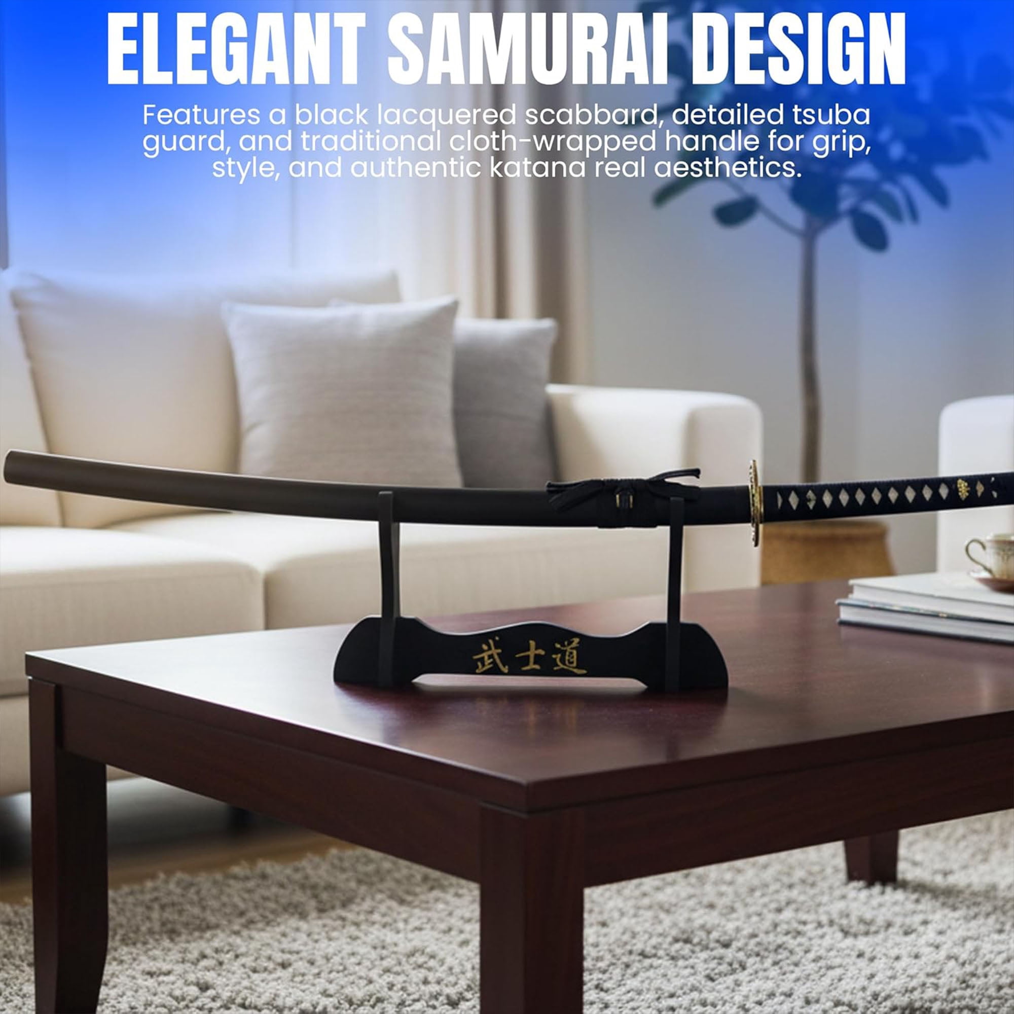 SZCO 41" Hand Forged Samurai Katana Sword Full Tang Stainless Steel Blade Black Scabbard, Display Stand & Gift Box for Cosplay & Display