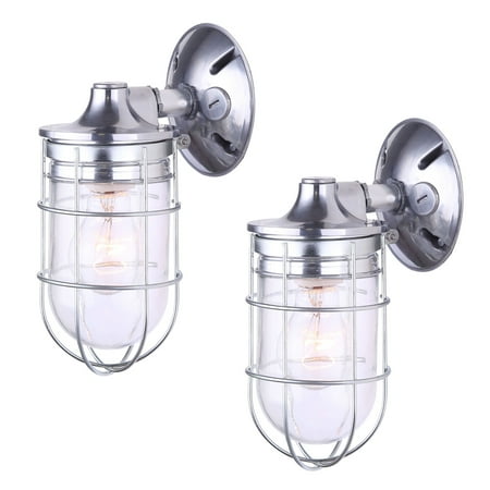 - 2 Pack of Weatherproof Exterior Outdoor Cage Light Wall or Ceiling Mount Lantern Industrial Barn Sconce, Silver