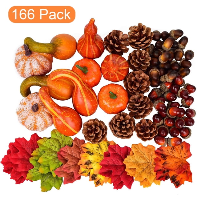 Decoraciones artificiales de otoño: calabazas, calabazas, hojas de arce, piñas y bellotas. Decoración para fiestas de Halloween, Acción de Gracias y otoño.
