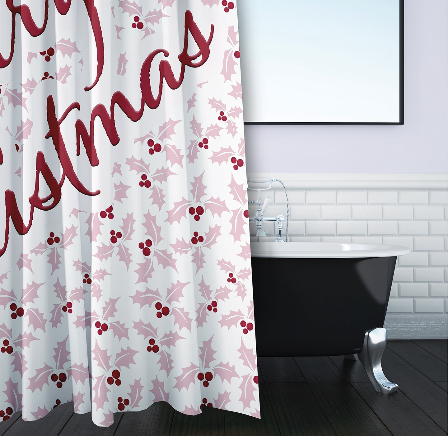 Simply Daisy 70" W x 73" L Merry Christmas with Holly Polyester Shower Curtain, Light Pink [1 Ct]
