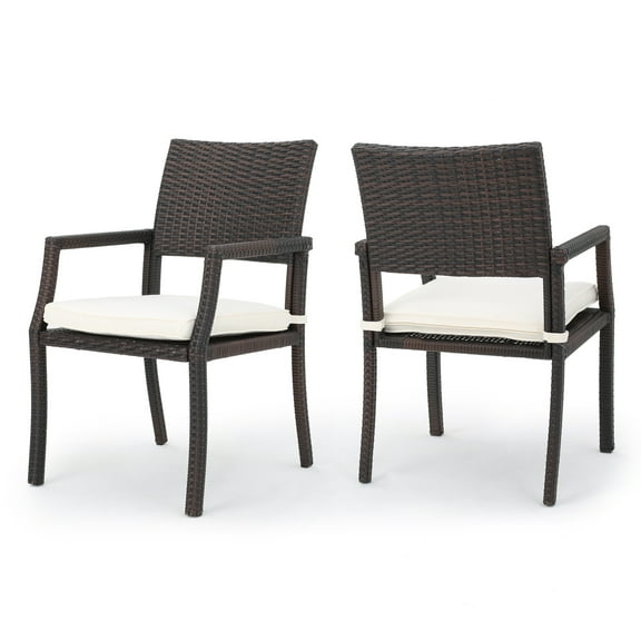 GDF Studio Edene Outdoor Wicker Dining Chairs w/ Water Resistant Cushions, Set of 2, Multibrown/ White