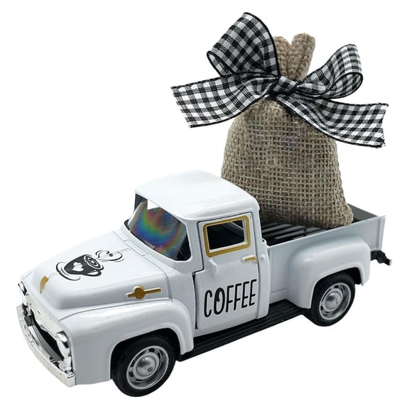 Mini Metal Coffee Truck Model Ornament with Removable Burlap Bag for Farmhouses Aesthetic Tiered Tray Shelf Decoration