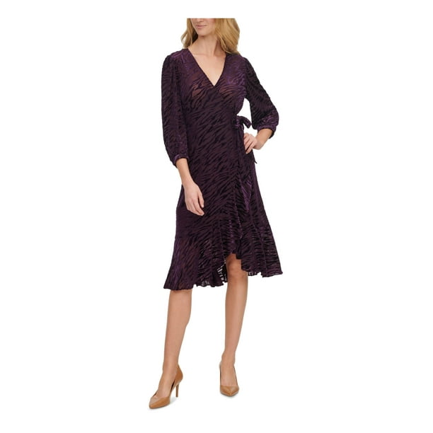 CALVIN KLEIN Womens Purple 3/4 Sleeve Below The Knee Faux Wrap Evening Dress  4 