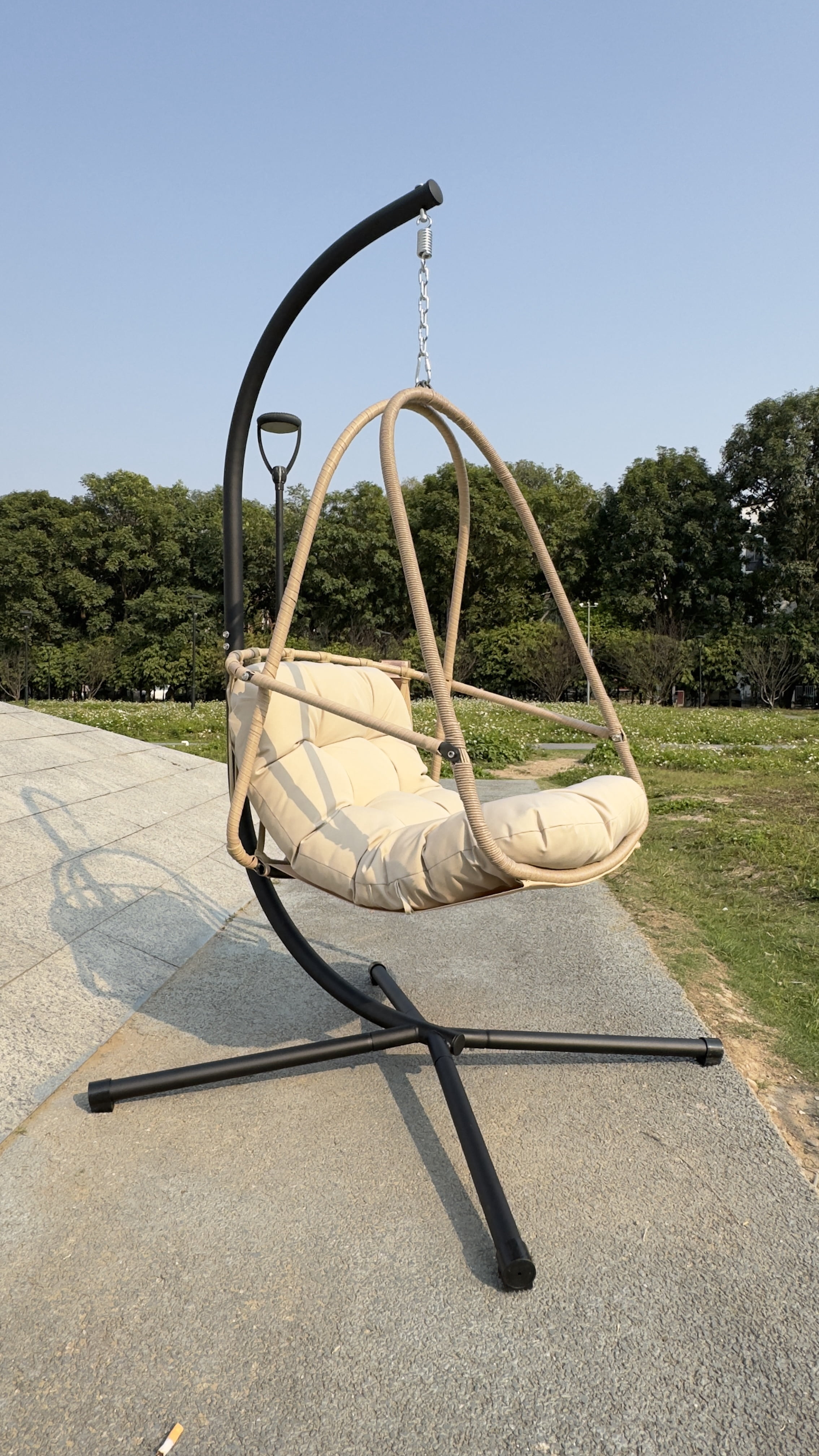 Swing Egg Chair with Stand, Wicker Rattan Hanging Chair with Cushion Pillow for Indoor Outdoor Patio Garden Balcony, Beige Brown