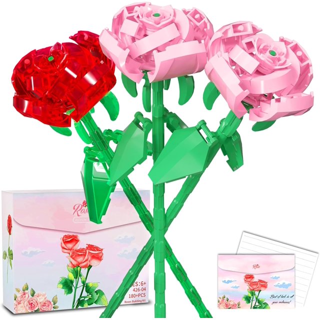 ERDS-180 Pieces Flowers Bouquet Building Blocks Set, Rose Building Kit 3-Pack, Artificial Rose Building Brick Set with Wrapping Bag and Postcards, Creative Toy Building Sets Suitable for Adults and K
