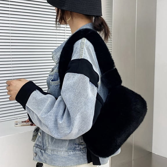 HONMEET Women's Black Shoulder Bag Plush Stylish Design 1 Piece Perfect for Going Out and Daily Use