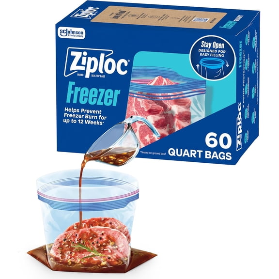 Quart Food Storage Freezer Bags, Stand-Up Bottom, Easy to Fill, 60 Count (Packaging May Vary)