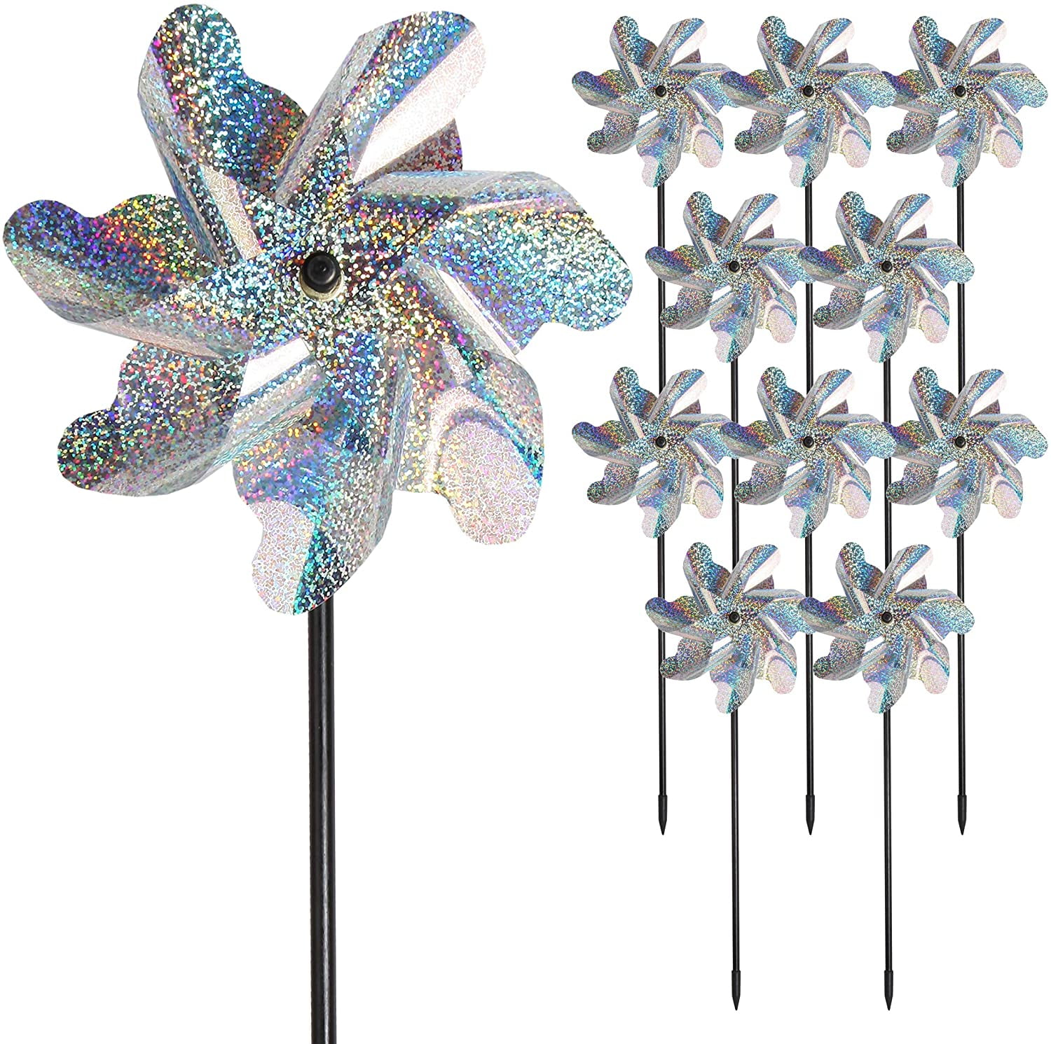 Bird Blinder Repellent PinWheels Set of 8 Sparkly Holographic Pin Wheel Spinners Scare Off Birds and Pests 