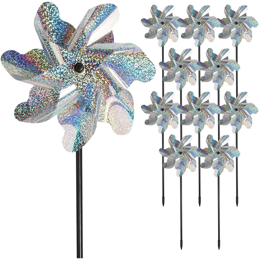 10 Pack PreAssemble Sparkly Reflective Pinwheels Bird Blinder Pin