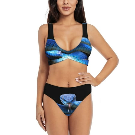 Zeuib Blue Viper Snake High Waisted Tummy Control Bikini Set - Knot Front Push Up Top & Cheeky Thong Bottom  Two-Piece Swimsuit for Women-Small