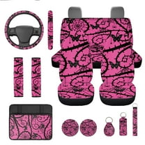 Yuyamidu Pink Gothic Auto Seat Cover Full Set 13 PCS Car Accessories Set Butterfly Steering Wheel Cover Armrest Cover Seatbelt Shoulder Pad Cup Mat Lip Gloss Holder Key Ring
