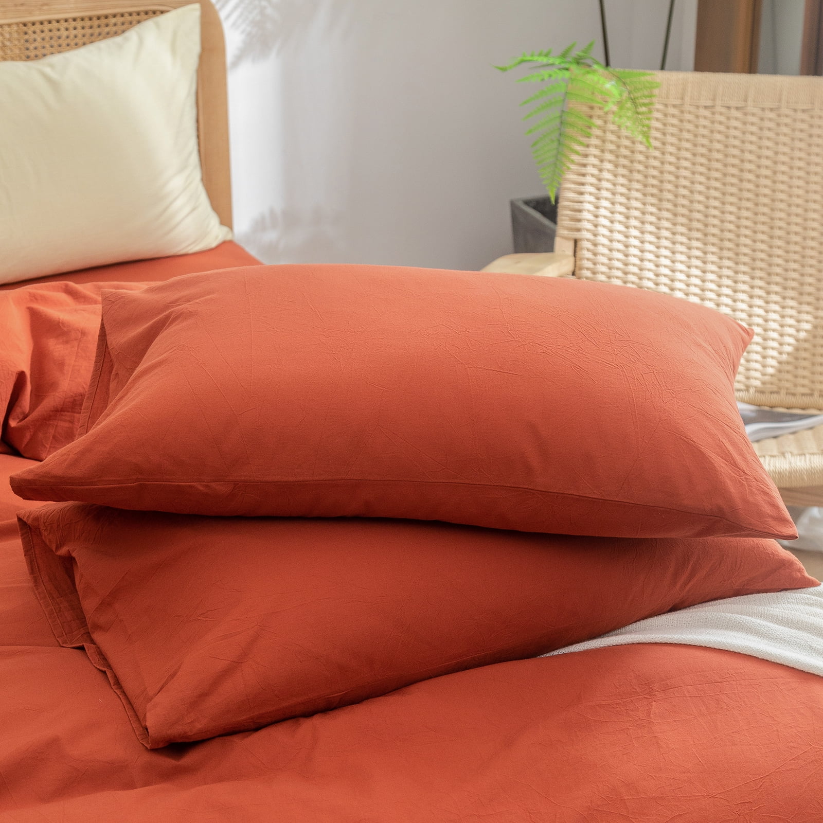 BESTOUCH Duvet Cover Set Full 100% Washed Cotton Linen Feel Soft Chic Lightweight 3Pcs (Burnt Brick Red, 80"x90")