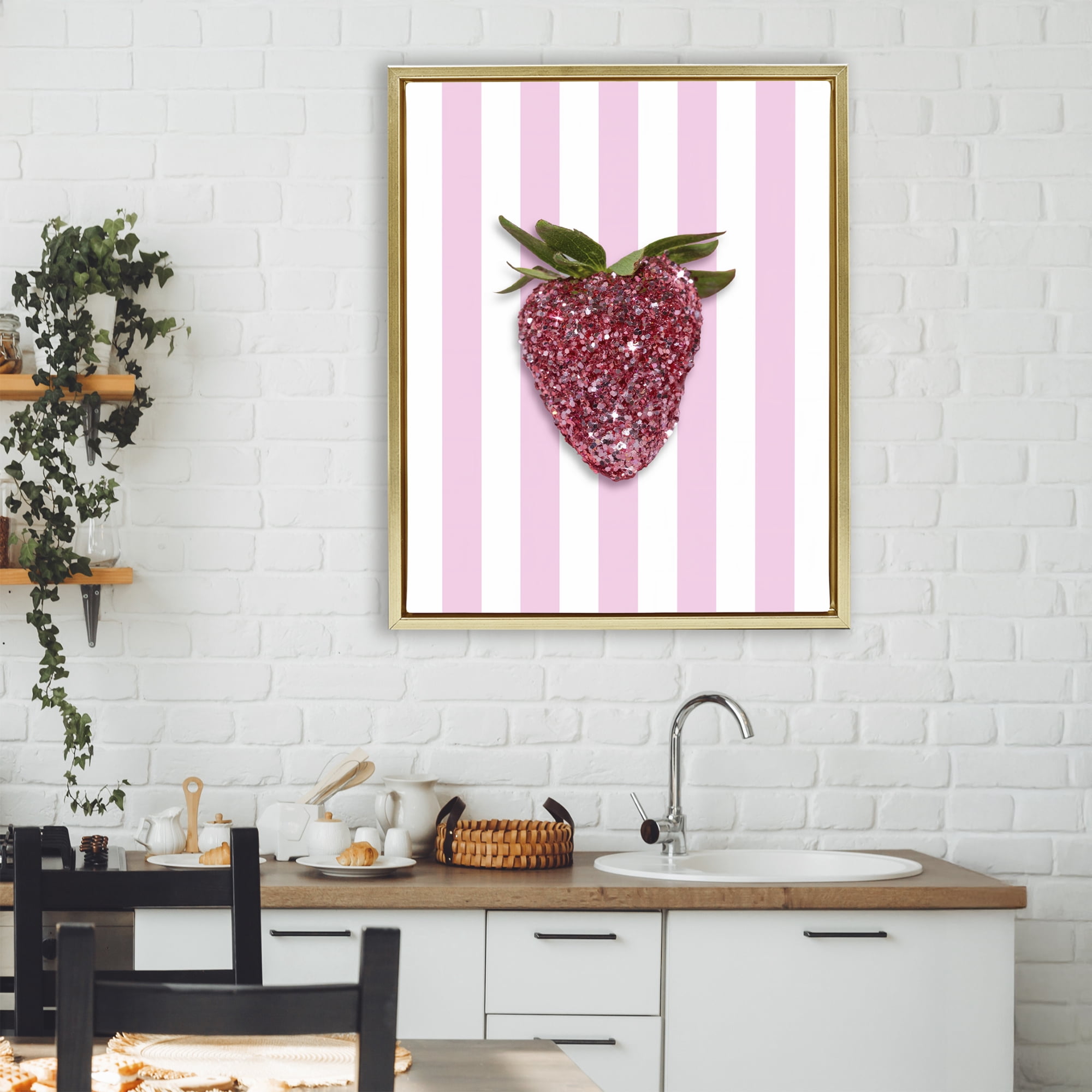 Stupell Industries Glimmer Strawberry on Green Stripes Gold Framed Floater Canvas Wall Art, design by LISH Creative