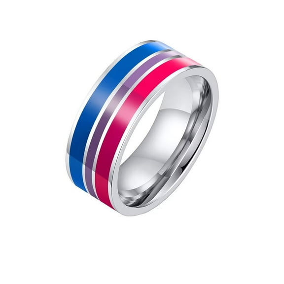 PAURO Unisex Stainless Steel Rainbow Striped Pride LGBT Individual trends Ring Bisexual Size 10