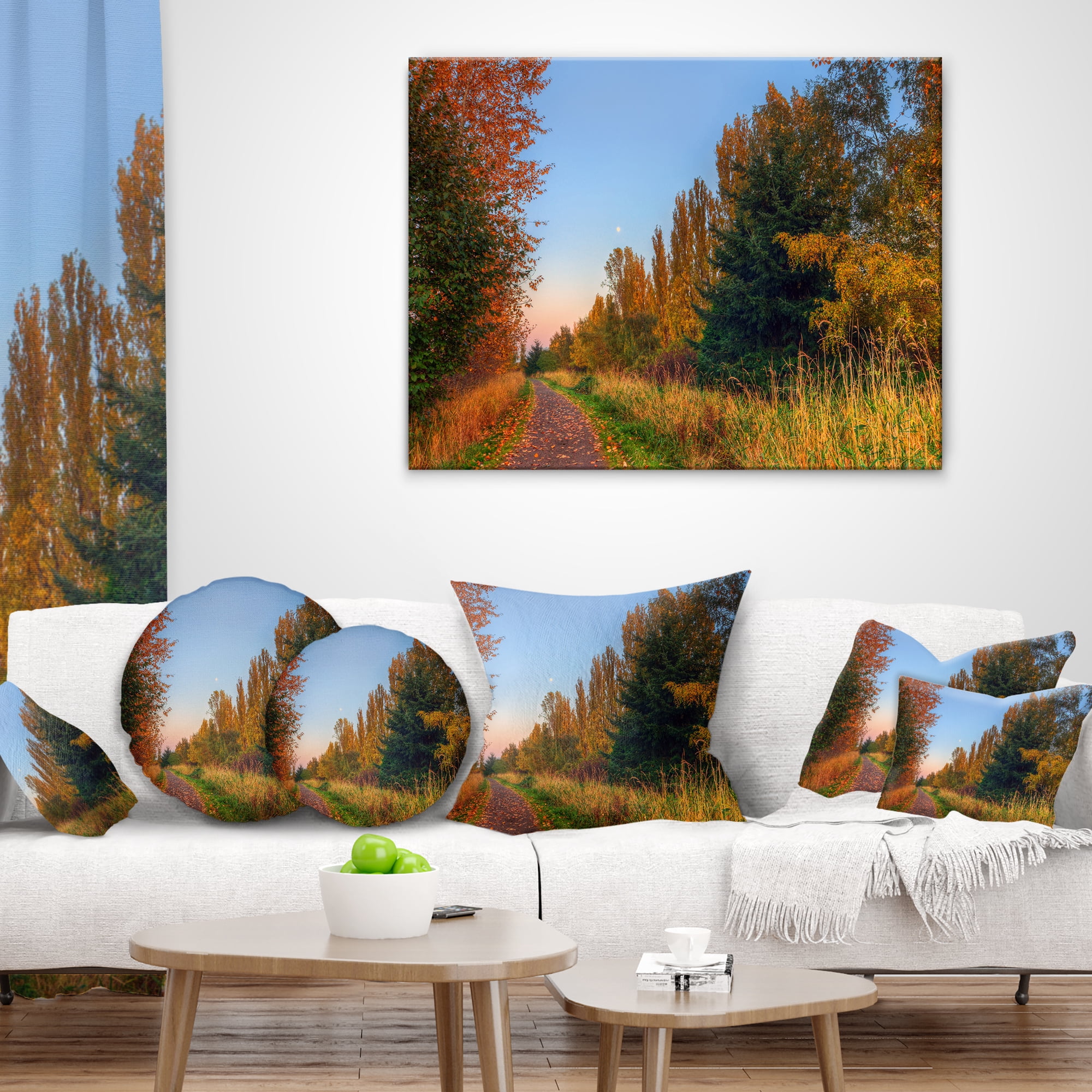 Designart Road Through Fall Forest - Landscape Printed Throw Pillow - 16x16