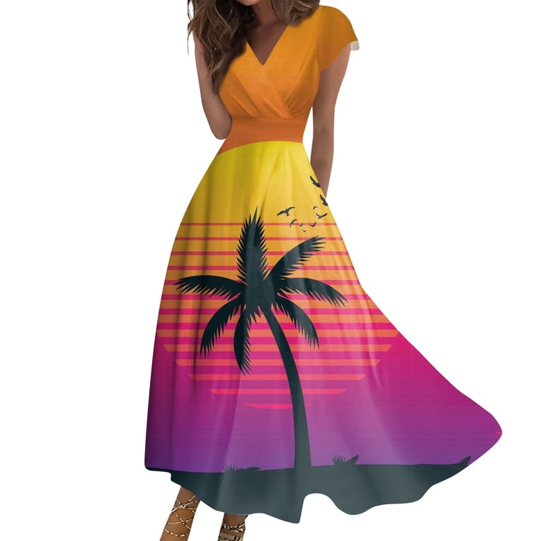 kytmyeq Women's Summer Hawaiian Printed V-Neck Long Dresses Dresses -  Walmart.com