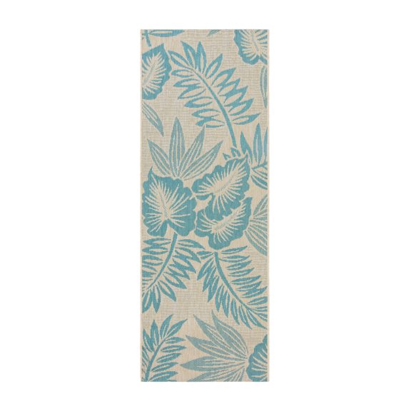 Reyn Spooner Kona Coast Kamea Tropical Floral Teal Blue Beige Flatweave Indoor/Outdoor Area Rug, 2x6