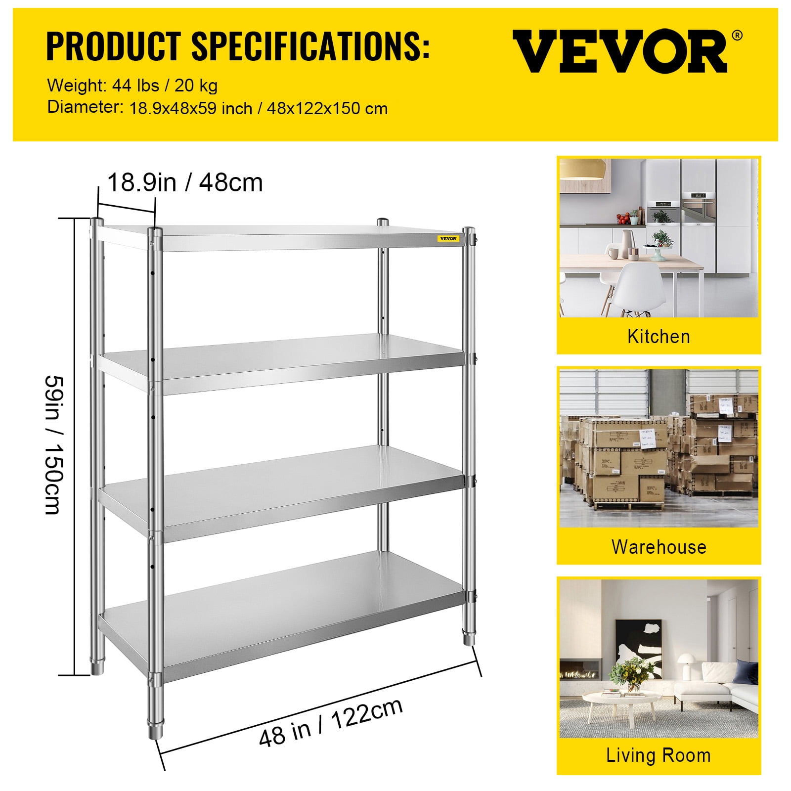 VEVOR Stainless Steel Shelving 46.8x18.5 inch 4 Tier Adjustable Heavy Duty Shelf Storage Unit