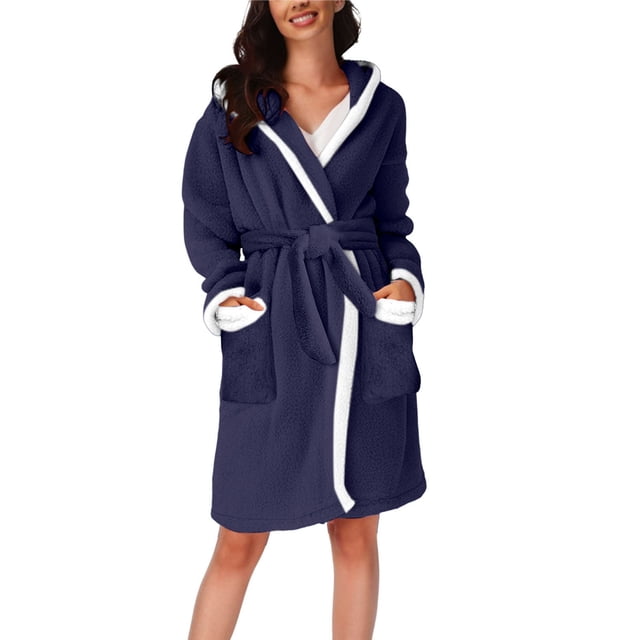 WZXFASHION Pyjama à Capuche Assorti Automne/hiver pour Femmes Peignoir Thermique en Peluche Robe de Nuit WomenRobes Marine P