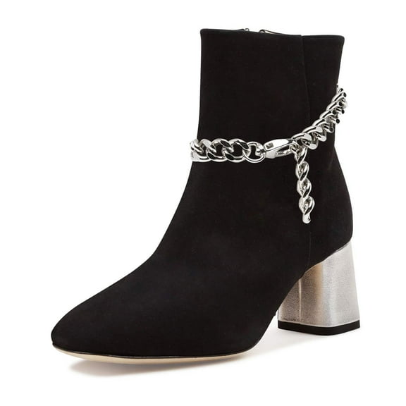 XYD Women Fashion Block Short Heel Ankle Chain Strap Boots Square Almond Toe Side Zip Booties Dressy Shoes Size 7 Black Silver