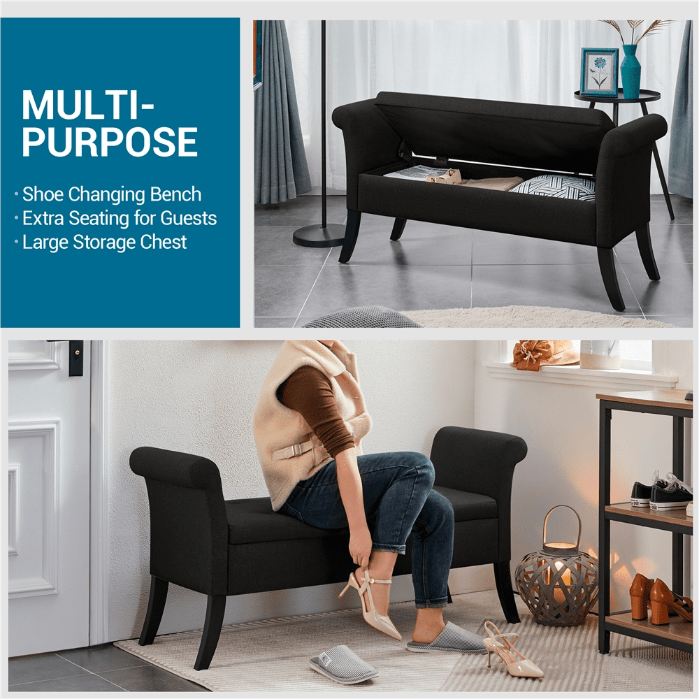 Yaheetech Modern Fabric Tufted Storage Bench Cushioned Ottoman Bench with Rolled Arms, Black