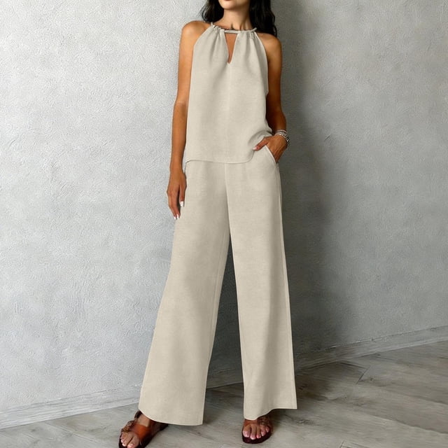 TaTaai Women Loose Fit Cotton Linen Halter Tank Wide Leg Pants 2pc Set Ladies Spring Summer Party Wear Breathable No Fading Stylish Comfortable Set Gift