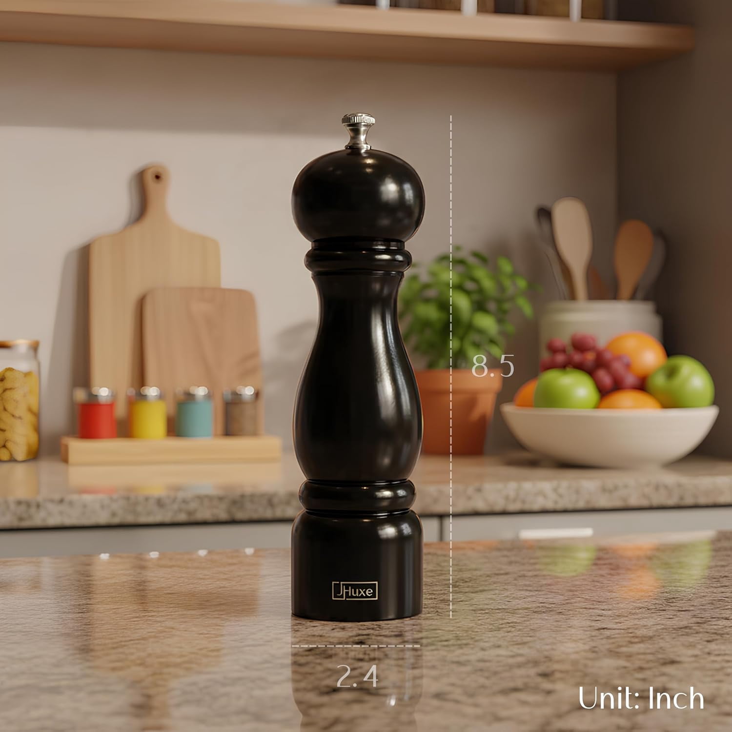 Black Wood Pepper Mill, 8-inch Classic Manual Salt Pepper Grinder, Adjustable Coarseness Wooden Peppermill, Refillable Pepper Crusher with Ceramic Rotor, Best Kitchen Tools, EE1