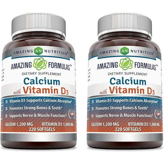 Amazing Formulas Calcium with Vitamin D3 220 Softgels Supplement | Calcium 1200 Mg & Vitamin D3 800 IU | Non-GMO | Gluten-Free | Pack of 2