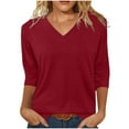 thumbnail image 2 of Vekome Womens Tops 3/4 Sleeve Plus Size Shirts V Neck Casual Tee Shirts Solid Color Summer Pullover Tops Wine XL, 2 of 8