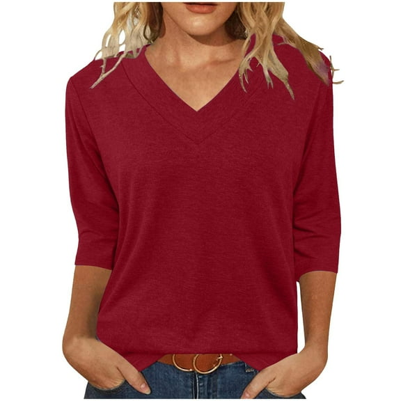 HUJlwoi V-Neck T Shirts for Women 3/4 Sleeve Basic Pullover Spring Summer Solid Color Casual Tees Fashionable Tunic Tops
