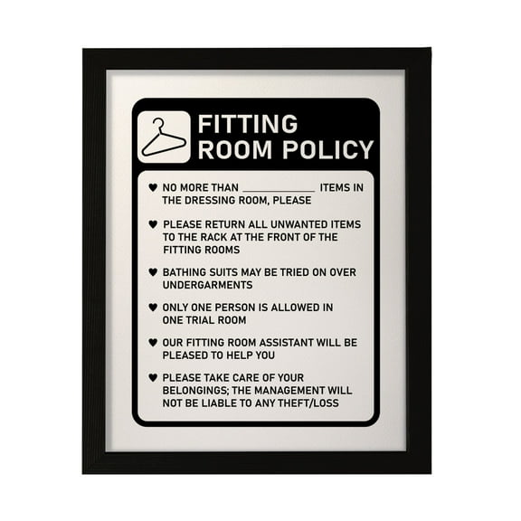 Designs ByLITA Fitting Room Policy, 5 x 7 Black Wall Print (Framed) | Retail Store Decoration