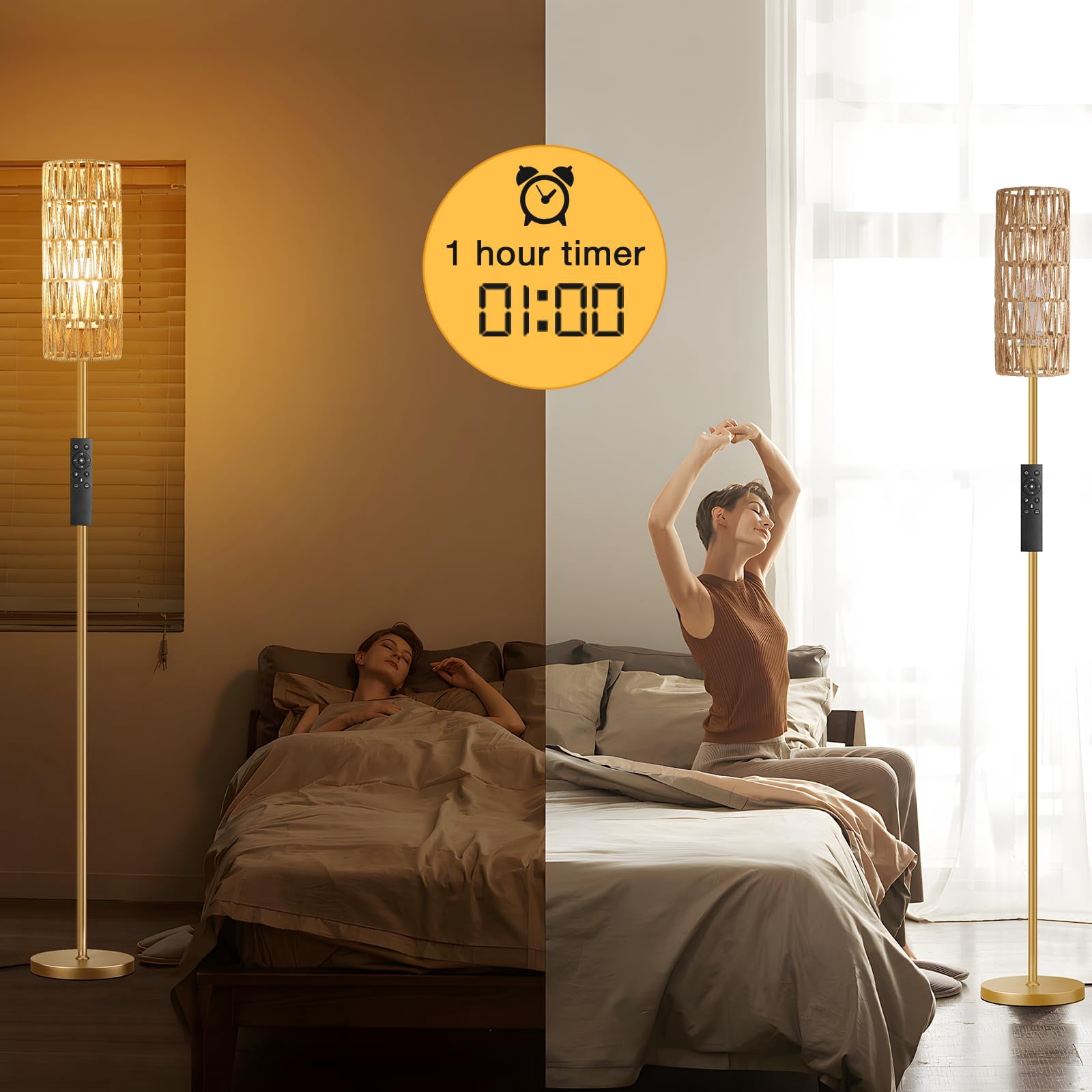64'' Floor Lamps For Living Room With Remote Control And Stepless Dimmable Colors Temperature & Brightness  Boho Standing Lamp Beige Rattan Shade