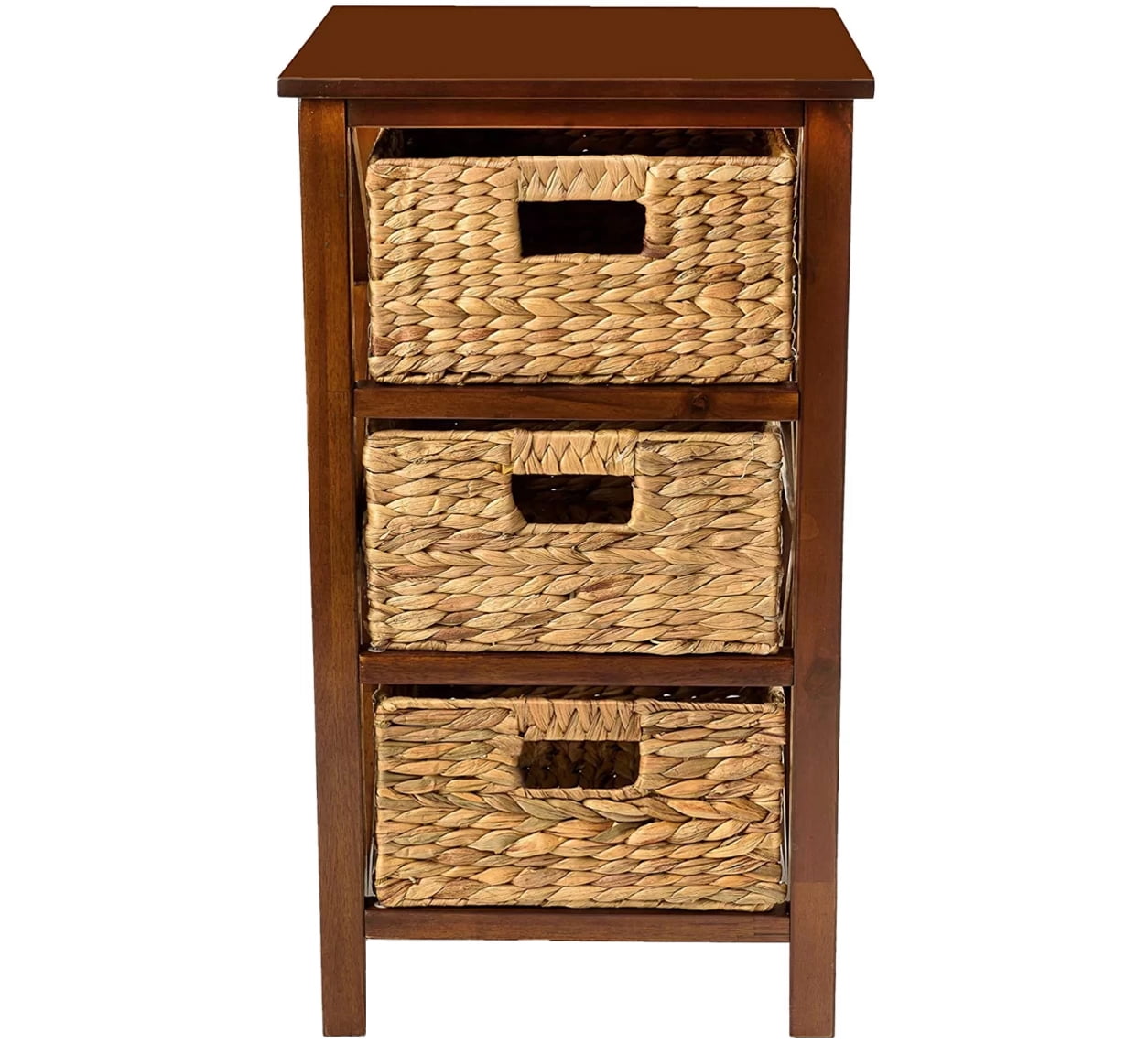 eHemco 3 Tier X-Side End Table Side Table Storage Cabinet with 3 Natural Water Hyacinth Wicker Baskets for Living Room, Walnut