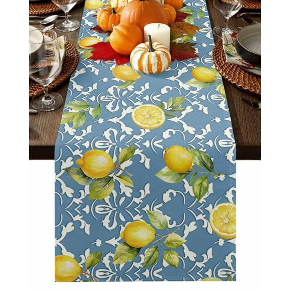 Yellow Lemon Table Runner-Cotton Linen- 70 Inch Holiday Dresser Scarves, Blue Boho Bohemian Damask Paisley Tablerunner for Kitchen Coffee/Dining Bedroom Home Living Room Dinner Scarf Décor 13x70