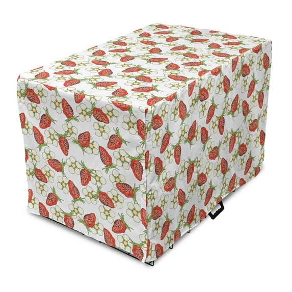 Strawberry Dog Crate Cover, Berry Blossoms Off White Flowers Tasty Summer, Easy to Use Pet Kennel Cover Small Dogs Puppies Kittens, 7 Sizes, Vermilion Green, by Ambesonne