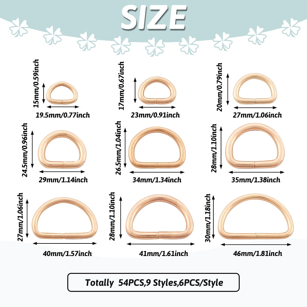 1Bag 54Pcs 9 Styles Iron D Rings Buckle Clasps Garment Accessories Findings Light Gold 15~35x19.5~46x2.8~5mm 6pcs/style