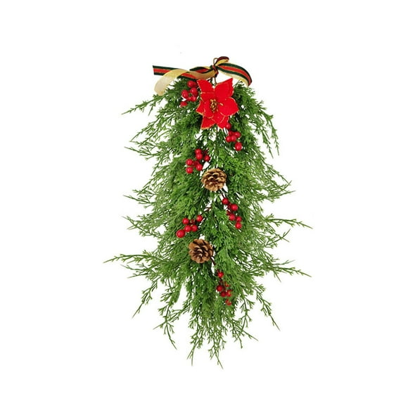 Artificial Christmas Pine Branch Poinsettia Teardrop Wreaths, 25in Faux Winter Pine Cones Greens Christmas Swag for Front Door Decor