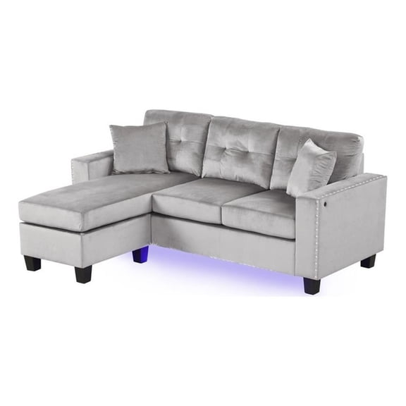 Sorenza 74"W Gray Velvet Rev.Sect Chaise w/LED USB Port Pillows Tufted Cushion