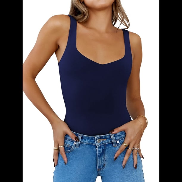 Camisetas Sin Mangas con Cuello en U para Mujer 2025, Camisetas Básicas Suaves y Ajustadas. Azul L