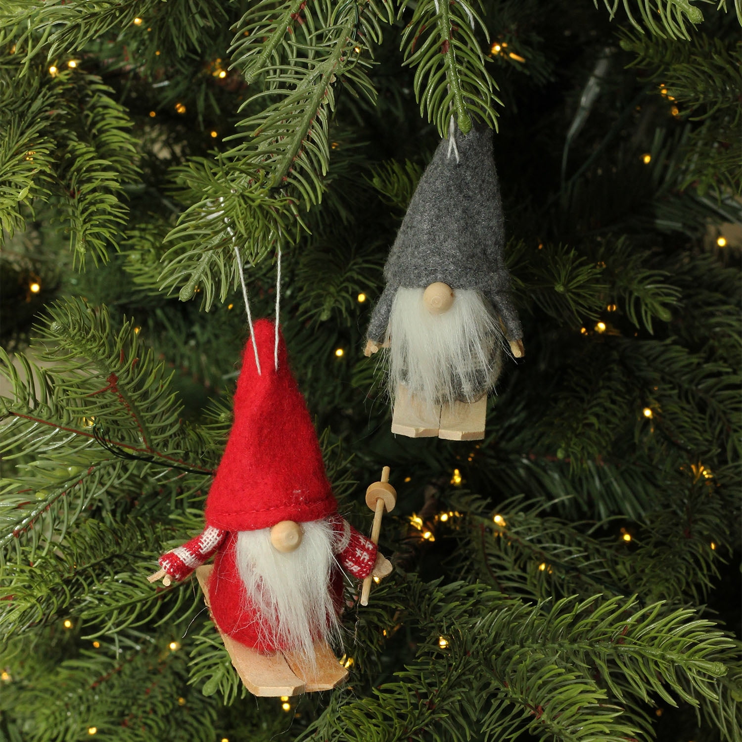 Set of 2 Gray and Red Skiing Santa Gnomes Hanging Christmas Ornaments 4"