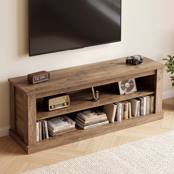Finmind 63" TV Stand for TVs up to 70", Wooden TV Media Console with Storage, Farmhouse Entertainment Center for Living Room, Bedroom, Rustic Brown