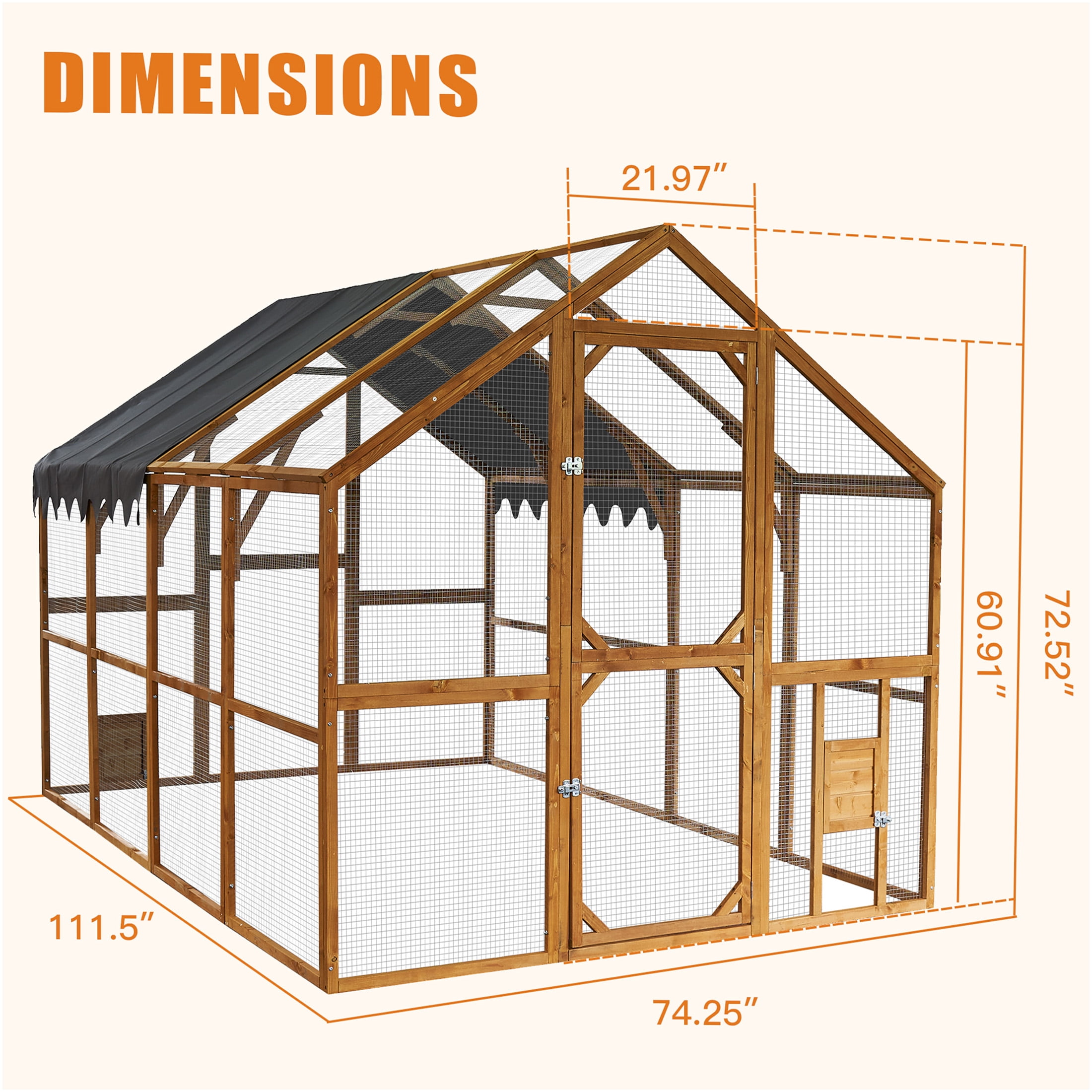 JERFIT 110" Large Outdoor Wooden Chicken Coop with Waterproof Roof, Yellow Cat Enclosure Playpen for Cats and Small Pets