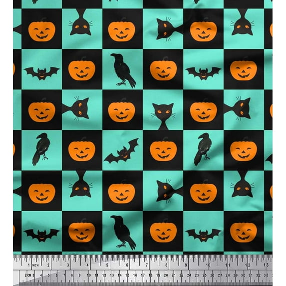 Soimoi Crepe Silk Fabric Pumpkin,Cat & Bat Halloween Print Sewing Fabric Yard 42 Inch Wide