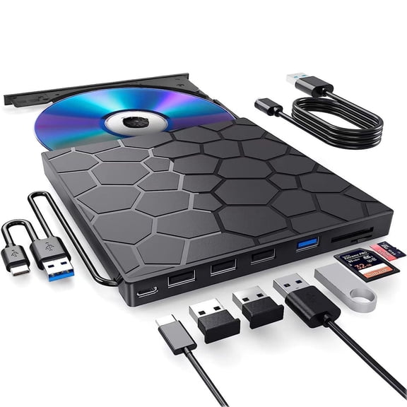 External CD/DVD Drive for Laptop, DVD Player for Laptop, 8 in 1 USB 3.0 Ultra-Slim Portable, CD Burner External Optical Compatible with Desktop Mac,Windows 11/10/8/7