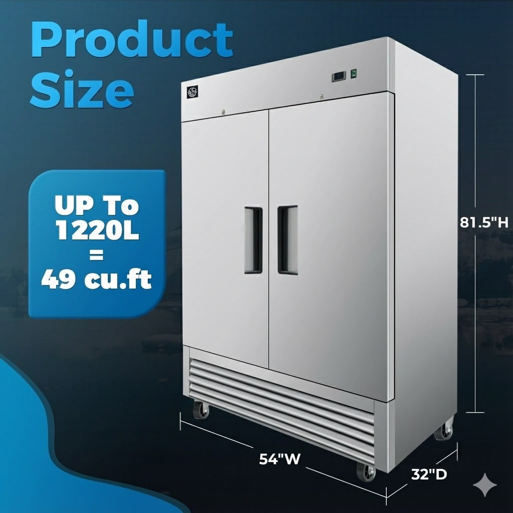 54‘’ Commercial Reach-In Freezer, 2 Solid Doors, Stainless Steel, 49 Cu.Ft, ETL Certified, Heavy-Duty for Restaurant & Kitchen